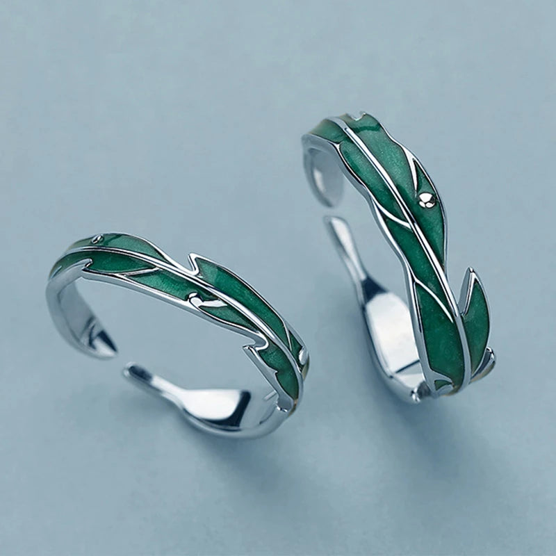Bague Ajustable en Argent Ăblouissante avec Feuilles Vertes Artistiques