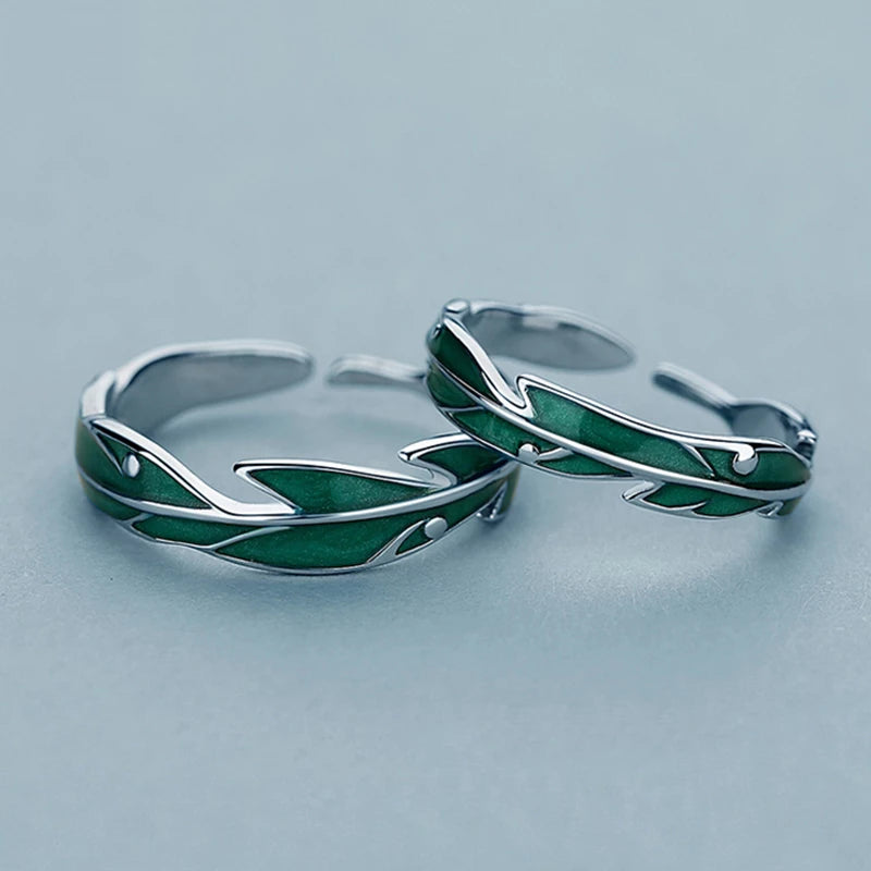 Bague Ajustable en Argent Ăblouissante avec Feuilles Vertes Artistiques