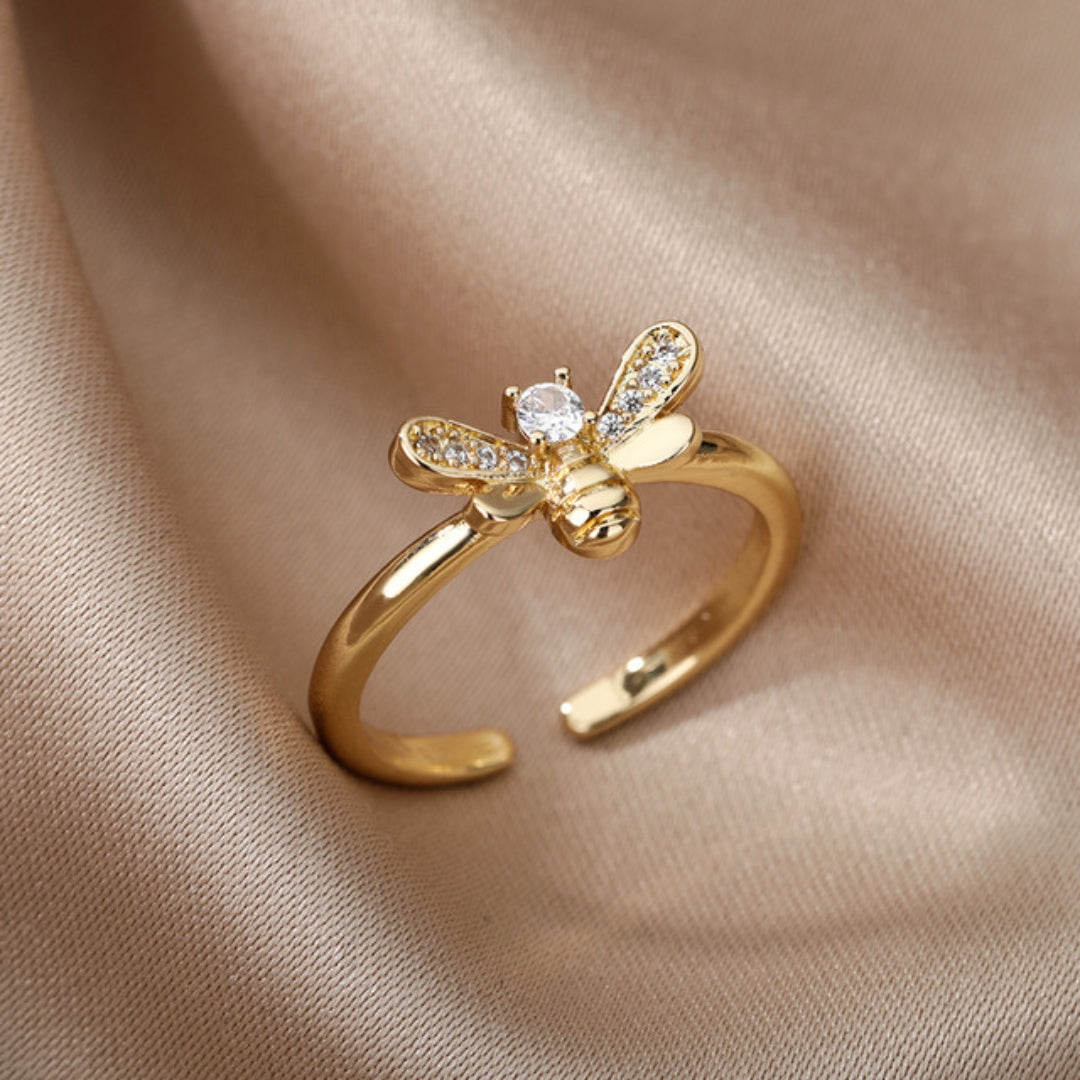 Bague Ajustable en Or avec Abeille et Ăclat de Zirconia